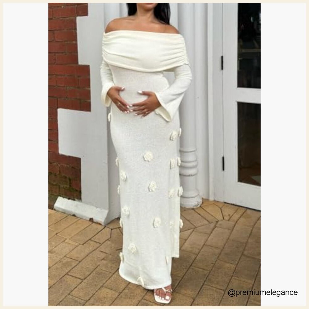 Long Sleeve Off Shoulder Maxi Dress Bodycon Stretchy Knit Mesh Formal - Picture 4 of 7